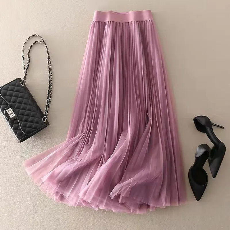 Elegant Pleated Skirt | High-Waisted Design with Flowing Mesh Layers | Effortless Style for Any Occasion