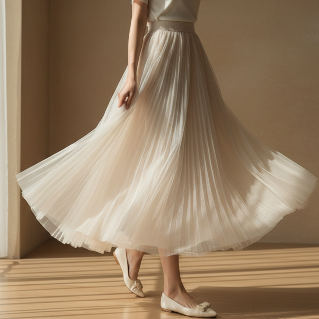 Elegant Pleated Skirt | High-Waisted Design with Flowing Mesh Layers | Effortless Style for Any Occasion
