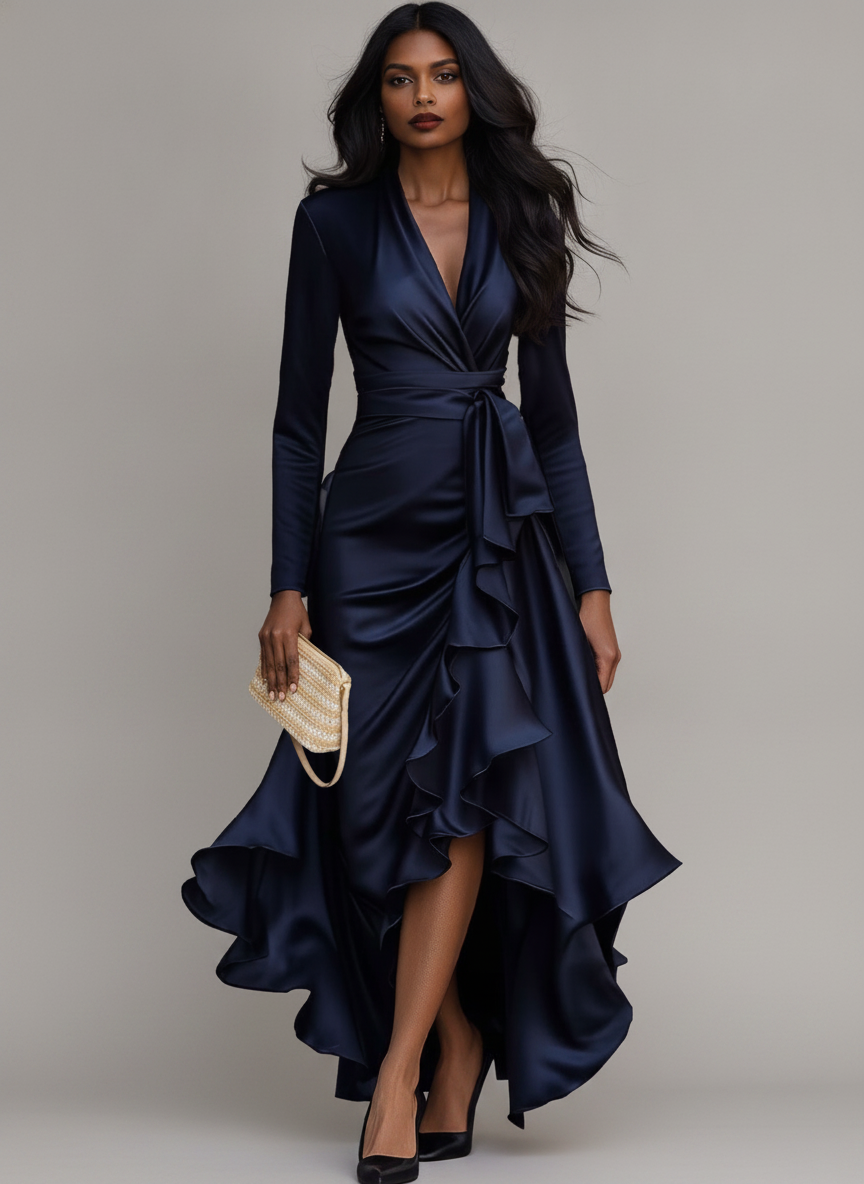 Midnight Blue Draped Satin Maxi Dress - Ruffled Evening Gown — Main Model