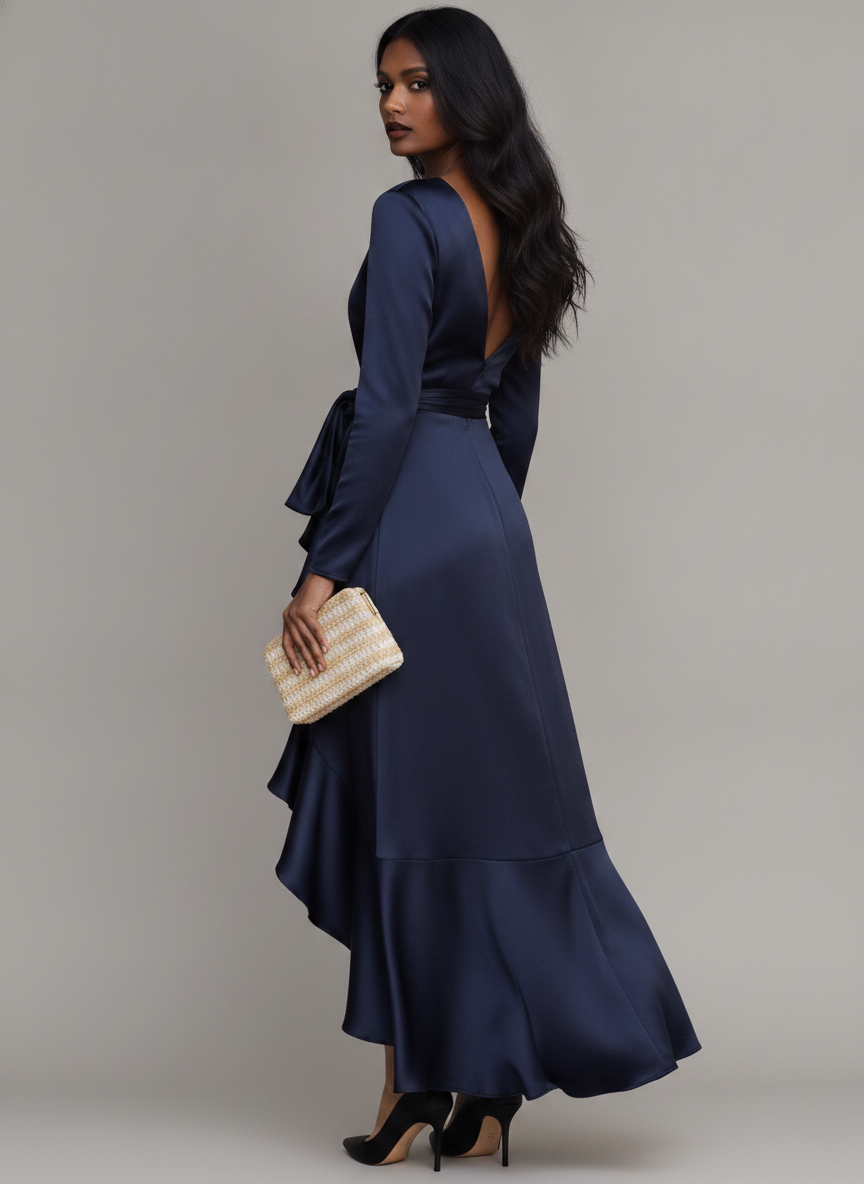 Midnight Blue Draped Satin Maxi Dress - Ruffled Evening Gown — Main Model