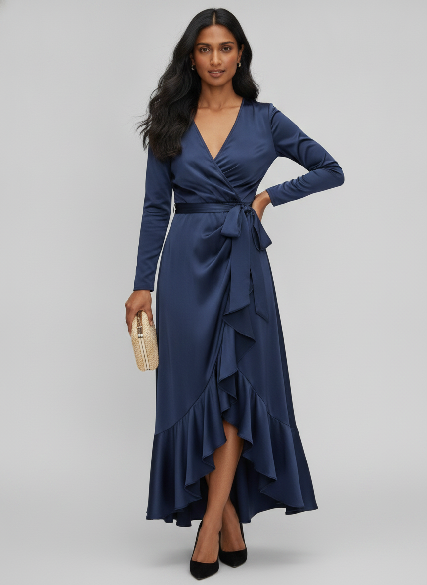 Midnight Blue Draped Satin Maxi Dress - Ruffled Evening Gown — Main Model