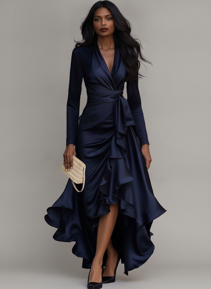Midnight Blue Draped Satin Maxi Dress - Ruffled Evening Gown — Main Model