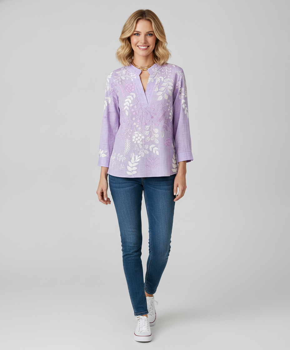 Soft-Touch Pastel Floral V-Neck Blouse for Women - Lightweight — Blonde Model