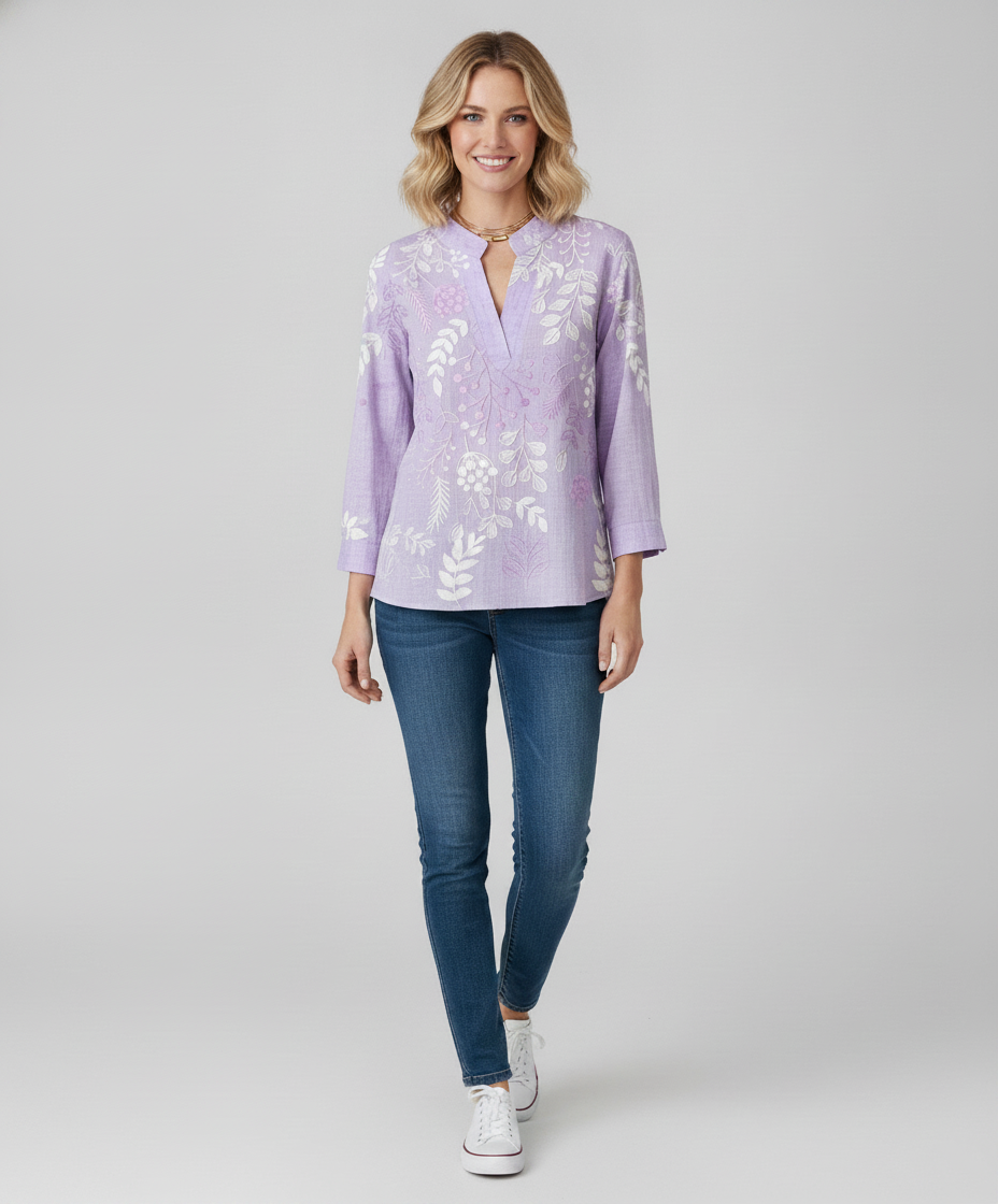 Soft-Touch Pastel Floral V-Neck Blouse for Women - Lightweight — Blonde Model
