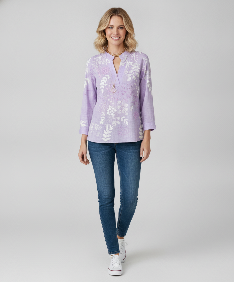 Soft-Touch Pastel Floral V-Neck Blouse for Women - Lightweight — Blonde Model