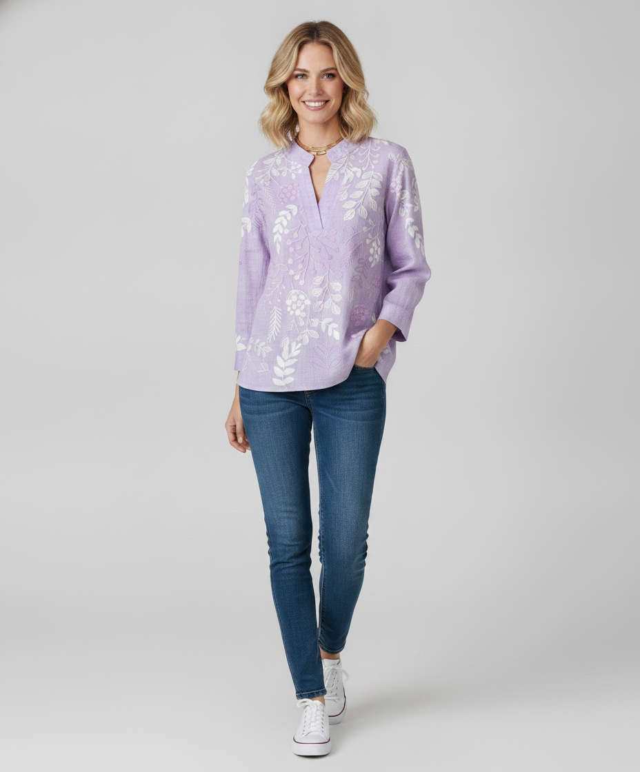 Soft-Touch Pastel Floral V-Neck Blouse for Women - Lightweight — Blonde Model