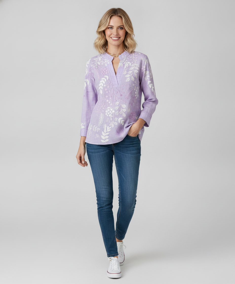 Soft-Touch Pastel Floral V-Neck Blouse for Women - Lightweight — Blonde Model