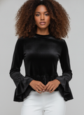 Elegant Black Velvet Ruffle Blouse | Dramatic Bell Sleeve Top — Curly Hair Model