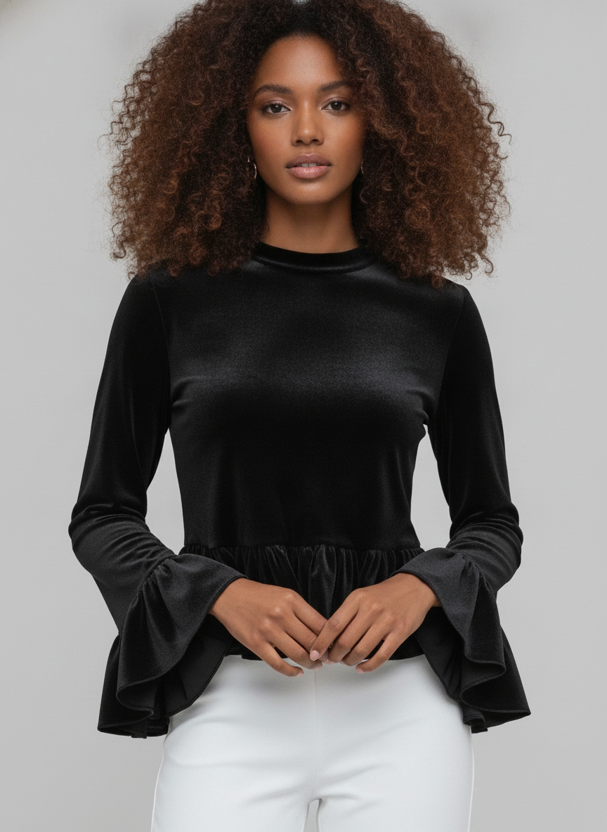 Elegant Black Velvet Ruffle Blouse | Dramatic Bell Sleeve Top — Curly Hair Model