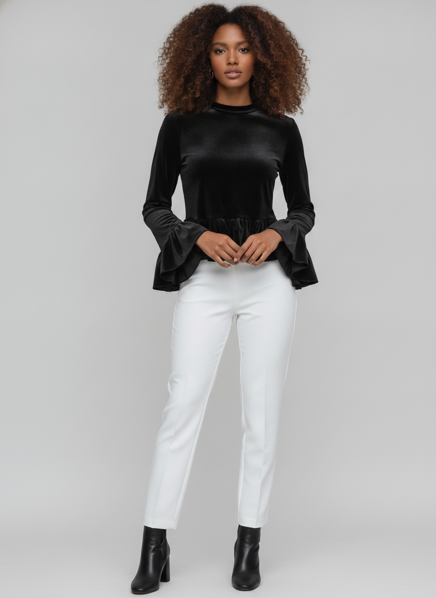 Elegant Black Velvet Ruffle Blouse | Dramatic Bell Sleeve Top — Curly Hair Model
