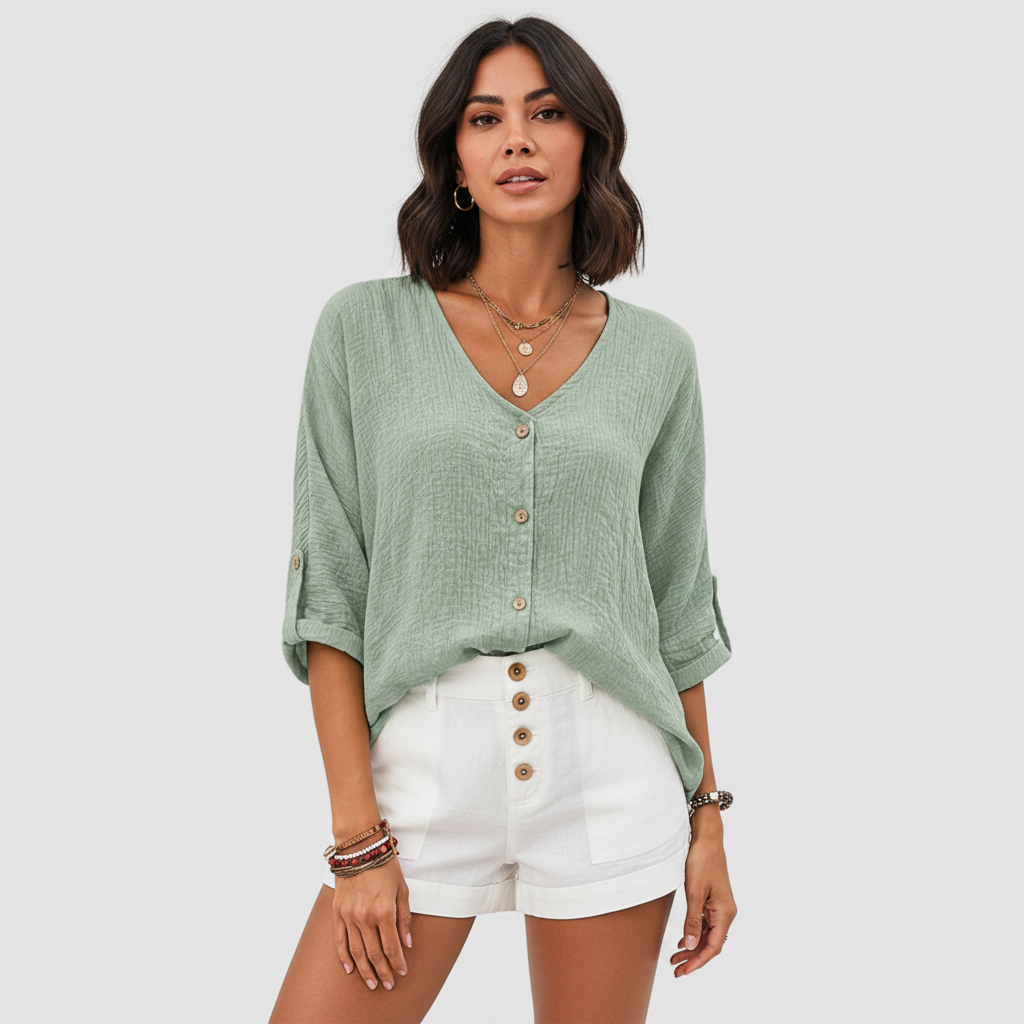 Breathable Linen Blouse for Women | Elegant V-Neck Top — Dark Bob Model
