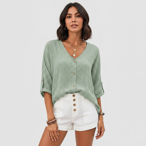 Breathable Linen Blouse for Women | Elegant V-Neck Top — Dark Bob Model