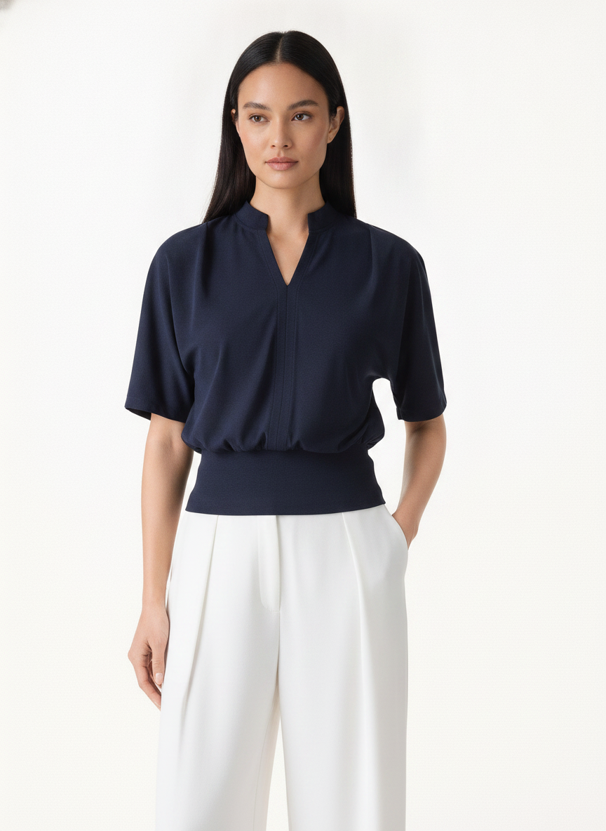 Chic Stand Collar V-Neck Short Sleeve Knit Top | Everyday Style — Southeast Asian Model