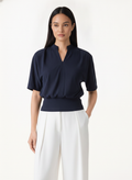 Chic Stand Collar V-Neck Short Sleeve Knit Top | Everyday Style — Southeast Asian Model