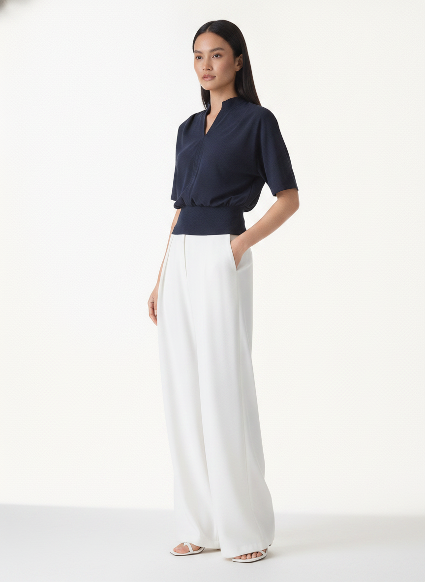 Chic Stand Collar V-Neck Short Sleeve Knit Top | Everyday Style — Southeast Asian Model