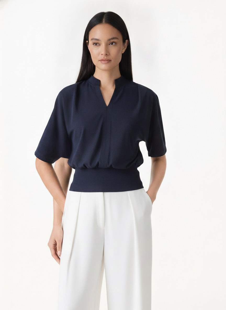 Chic Stand Collar V-Neck Short Sleeve Knit Top | Everyday Style — Southeast Asian Model