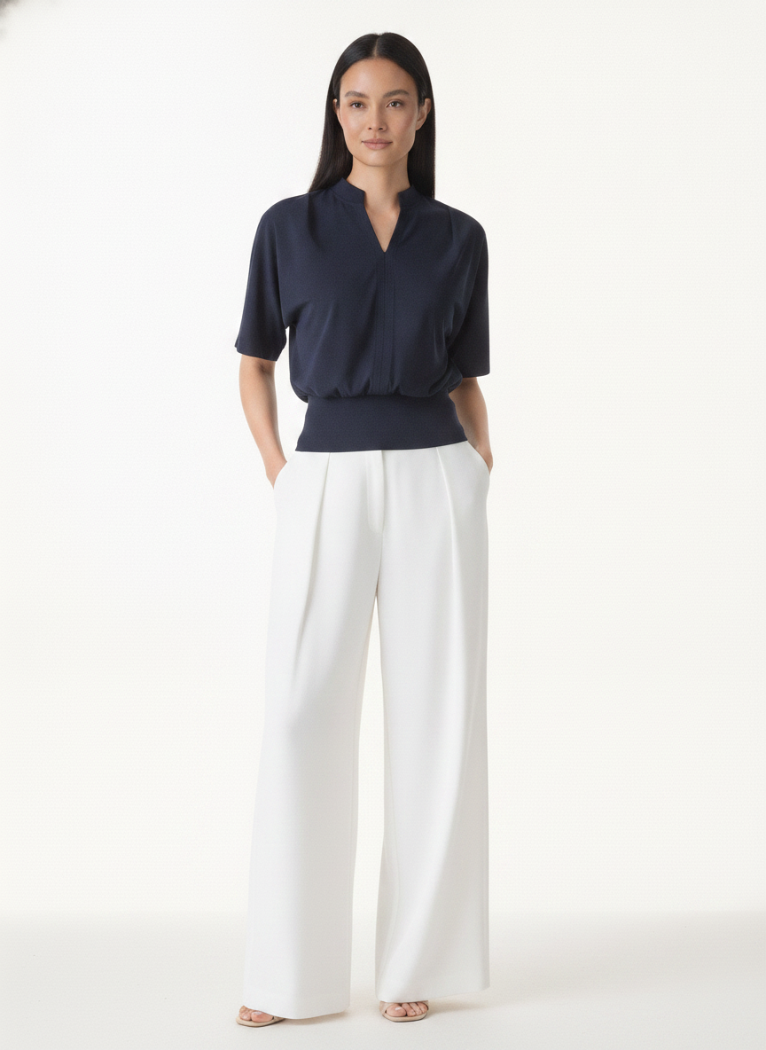 Chic Stand Collar V-Neck Short Sleeve Knit Top | Everyday Style — Southeast Asian Model