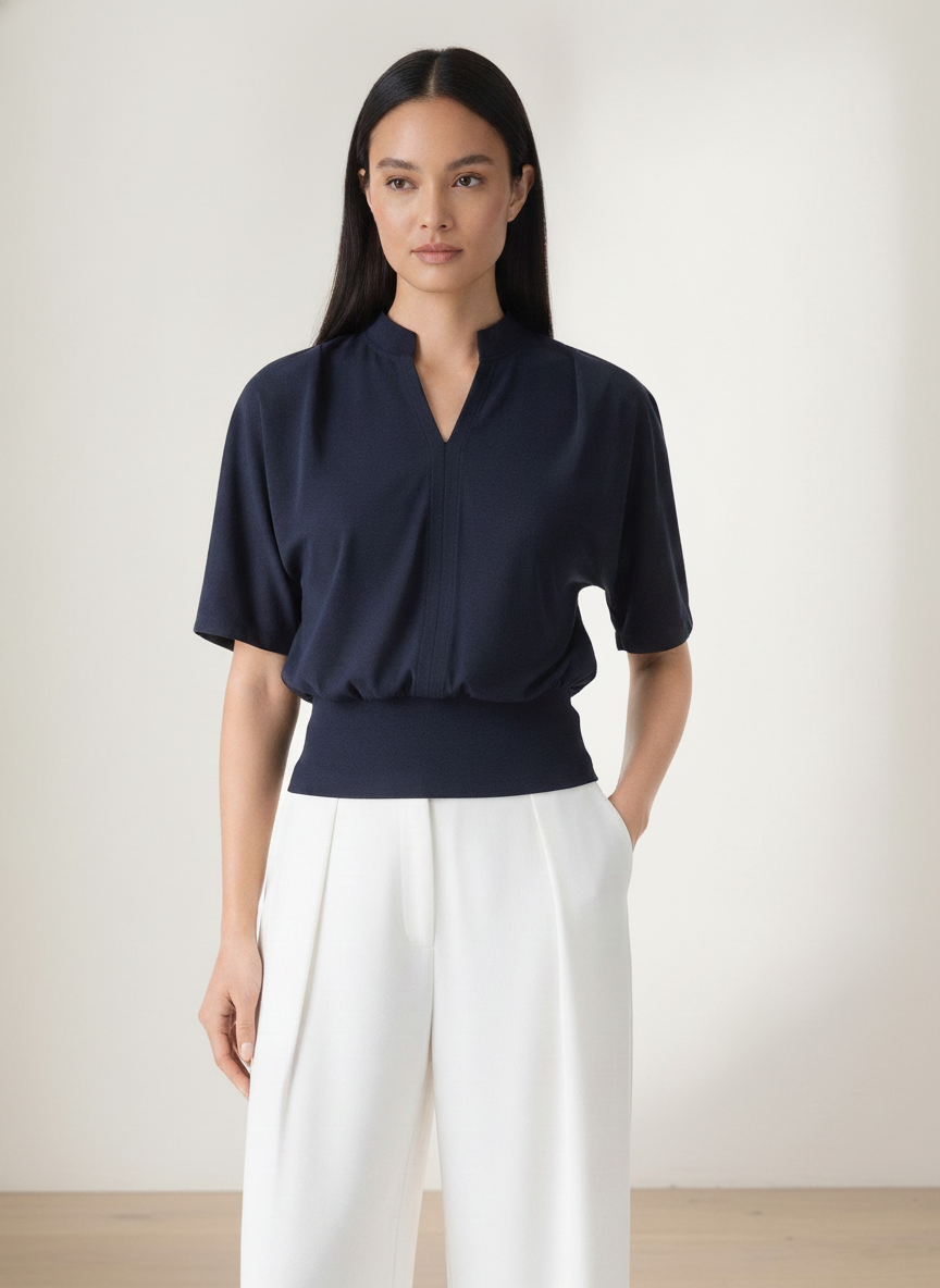 Chic Stand Collar V-Neck Short Sleeve Knit Top | Everyday Style — Southeast Asian Model