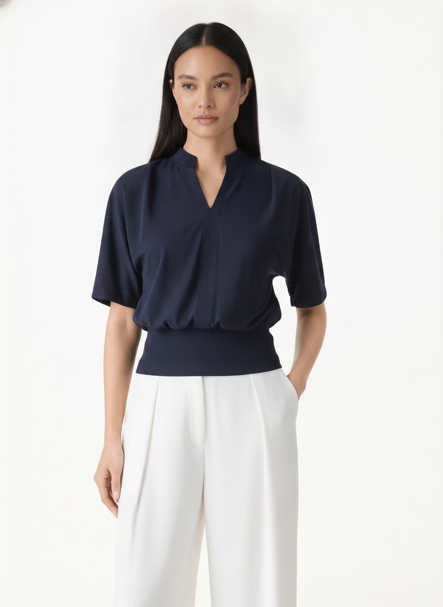 Chic Stand Collar V-Neck Short Sleeve Knit Top | Everyday Style — Southeast Asian Model